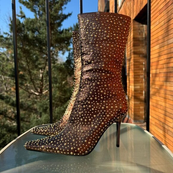 New Jeffrey Campbell Iconic Heeled Studded Boots Shoes Gold Bronze Womens 10 - Picture 6 of 11